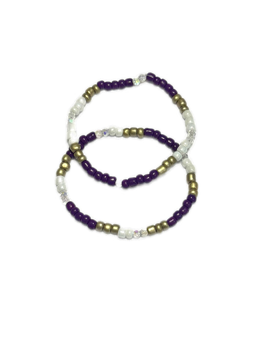 Purple, White & Gold Beaded Bracelets