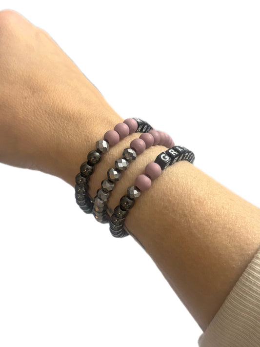 Hope + Grateful Bracelet Stack | Matte Mauve & Hematite Beaded Jewelry | Hope and Hustle Co.
