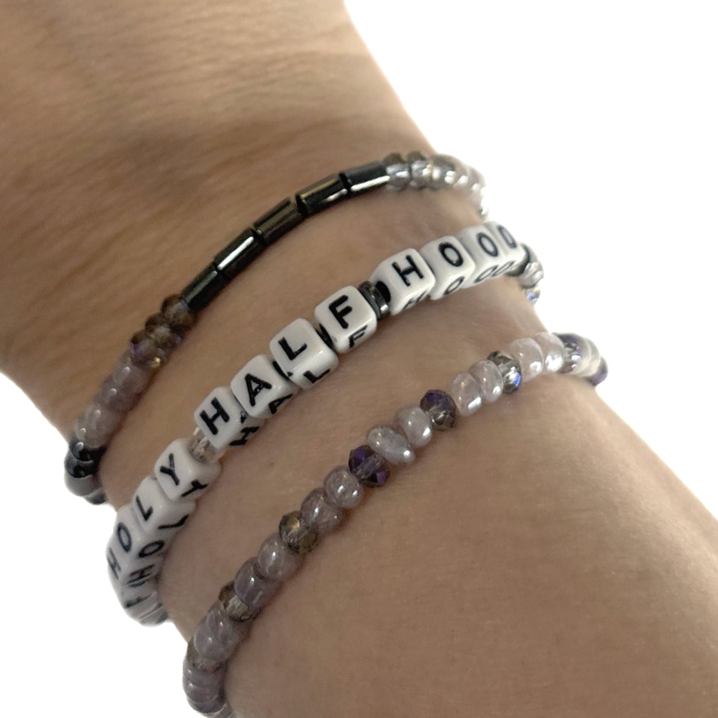 HALF HOLY HALF HOOD Bracelet Stack โ Hematite & Gray Glass Beads | Hope & Hustle Co.
