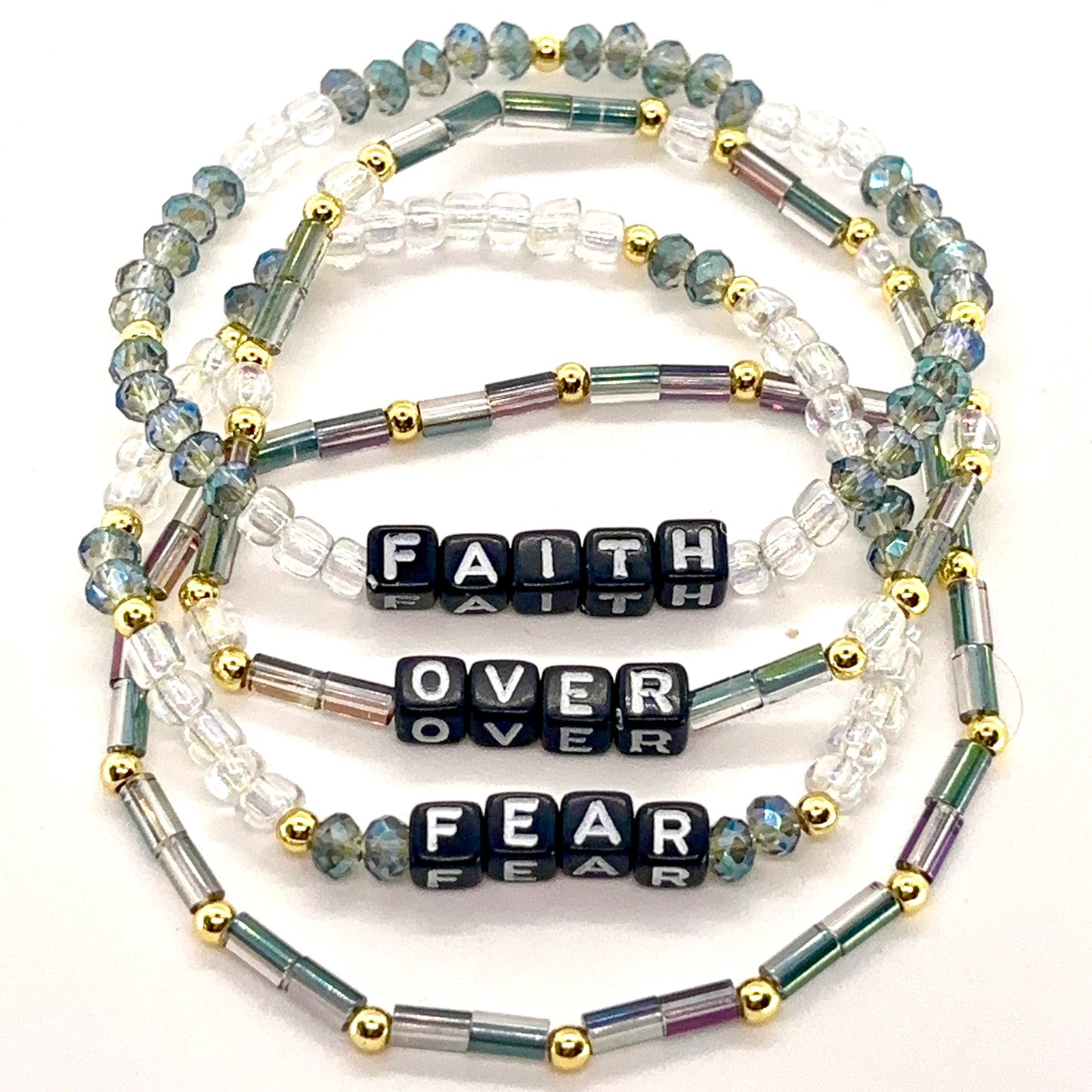 Faith Over Fear Bracelet Stack • Glass Beads + 14k Gold-Plated Accents
