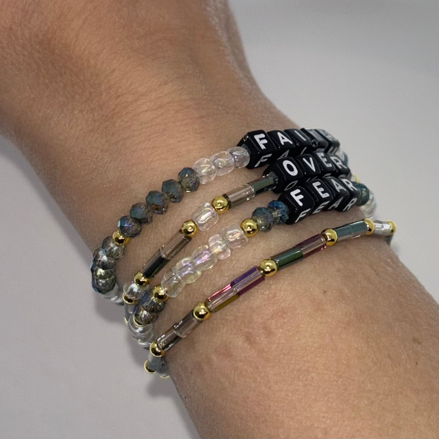 Faith Over Fear Bracelet Stack • Glass Beads + 14k Gold-Plated Accents