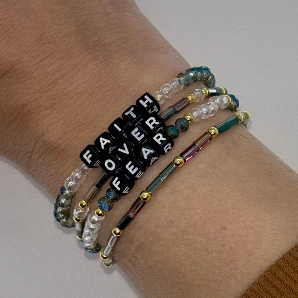 Faith Over Fear Bracelet Stack • Glass Beads + 14k Gold-Plated Accents