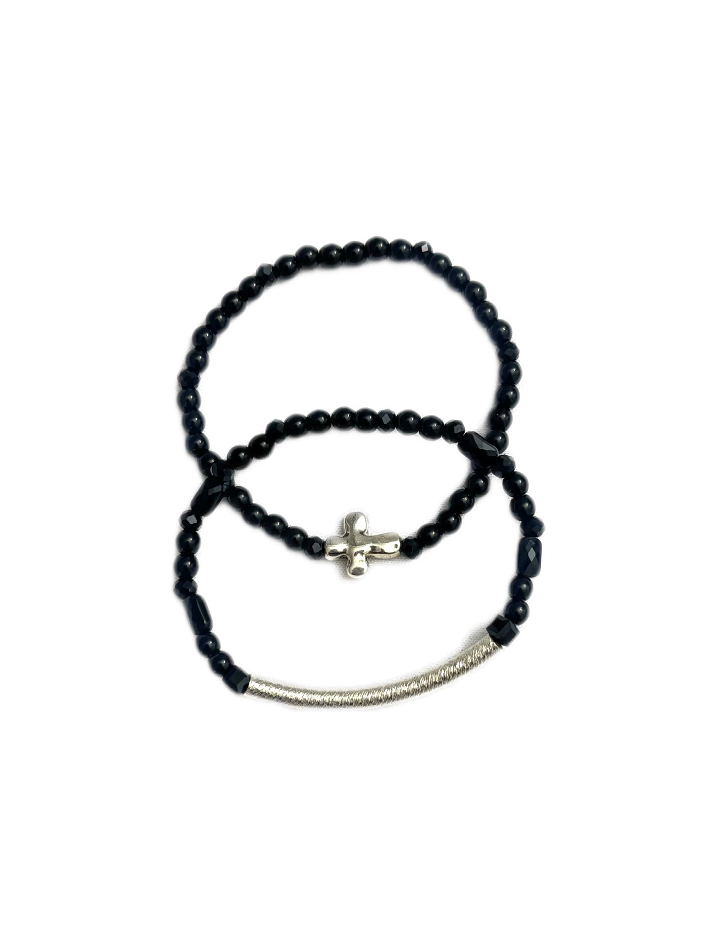 Cross + Silver Bar Bracelet Stack – Black Glass Beaded Jewelry | Hope & Hustle Co.