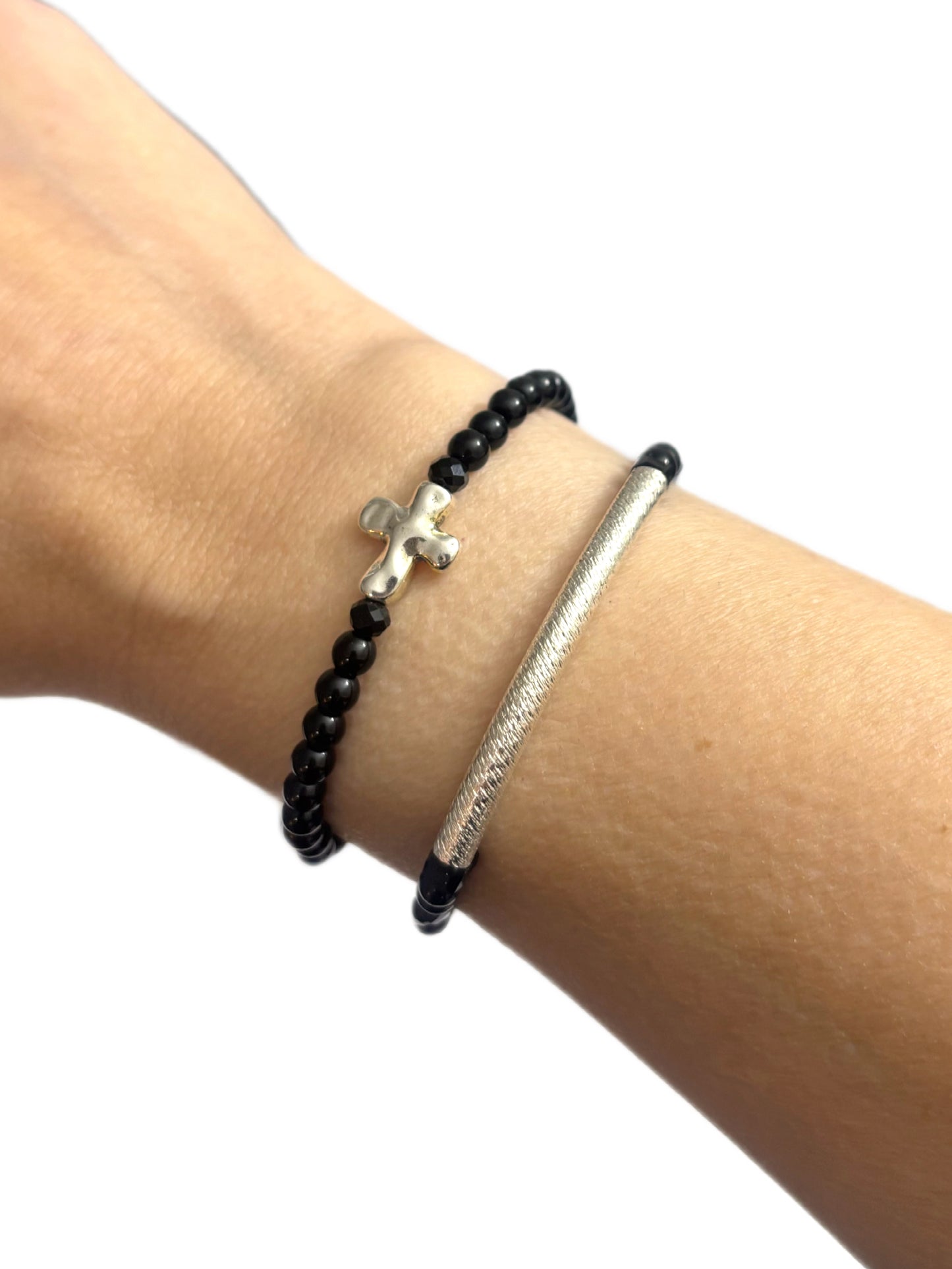 Cross + Silver Bar Bracelet Stack – Black Glass Beaded Jewelry | Hope & Hustle Co.