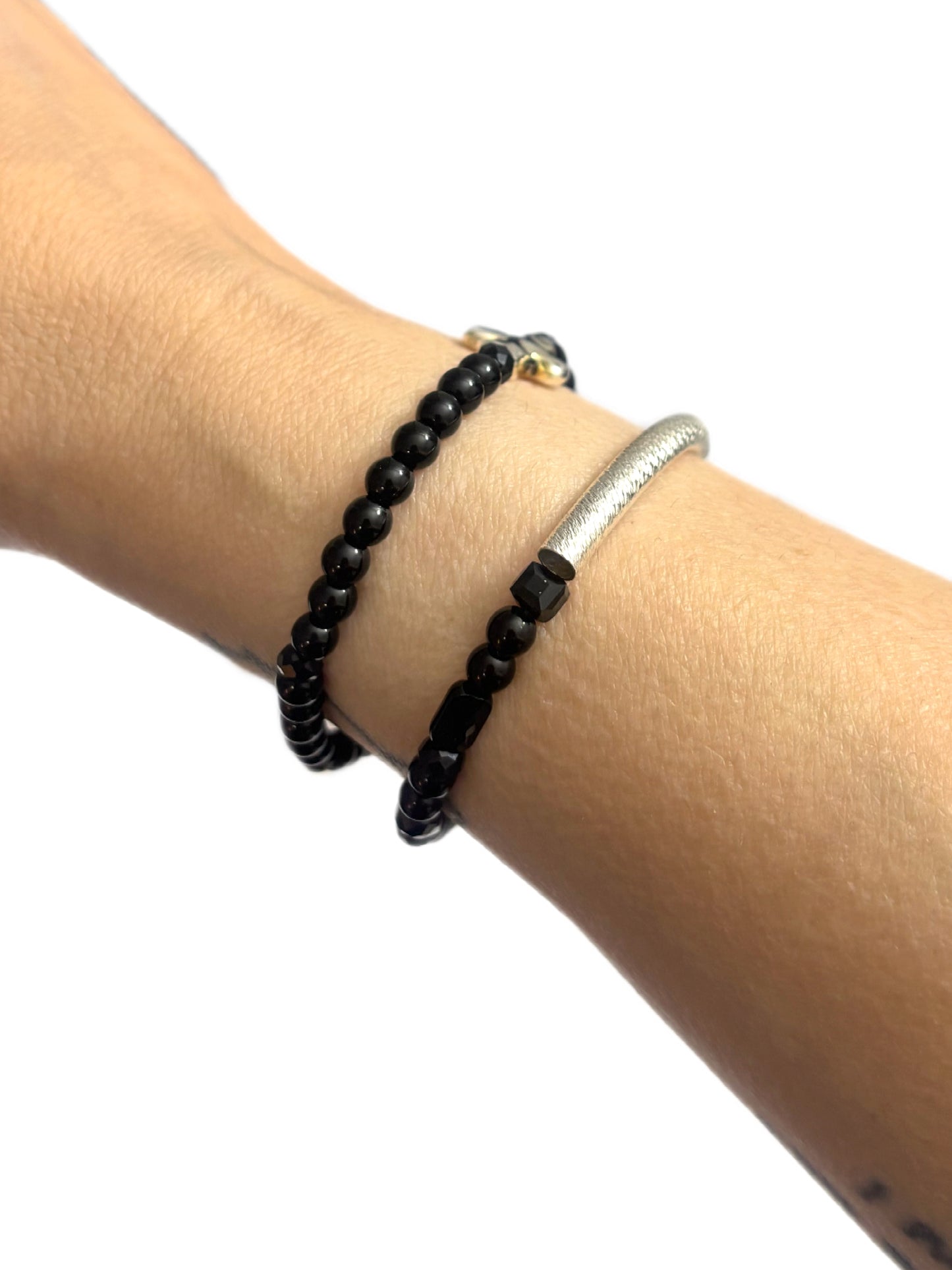 Cross + Silver Bar Bracelet Stack – Black Glass Beaded Jewelry | Hope & Hustle Co.