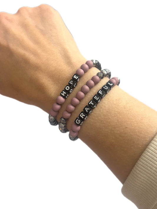 Hope + Grateful Bracelet Stack | Matte Mauve & Hematite Beaded Jewelry | Hope and Hustle Co.