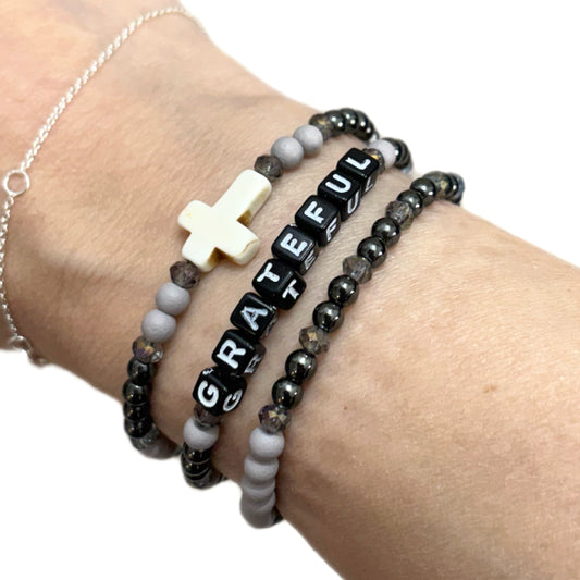 Grateful Bracelet Stack – Plated Hematite & Glass Beads