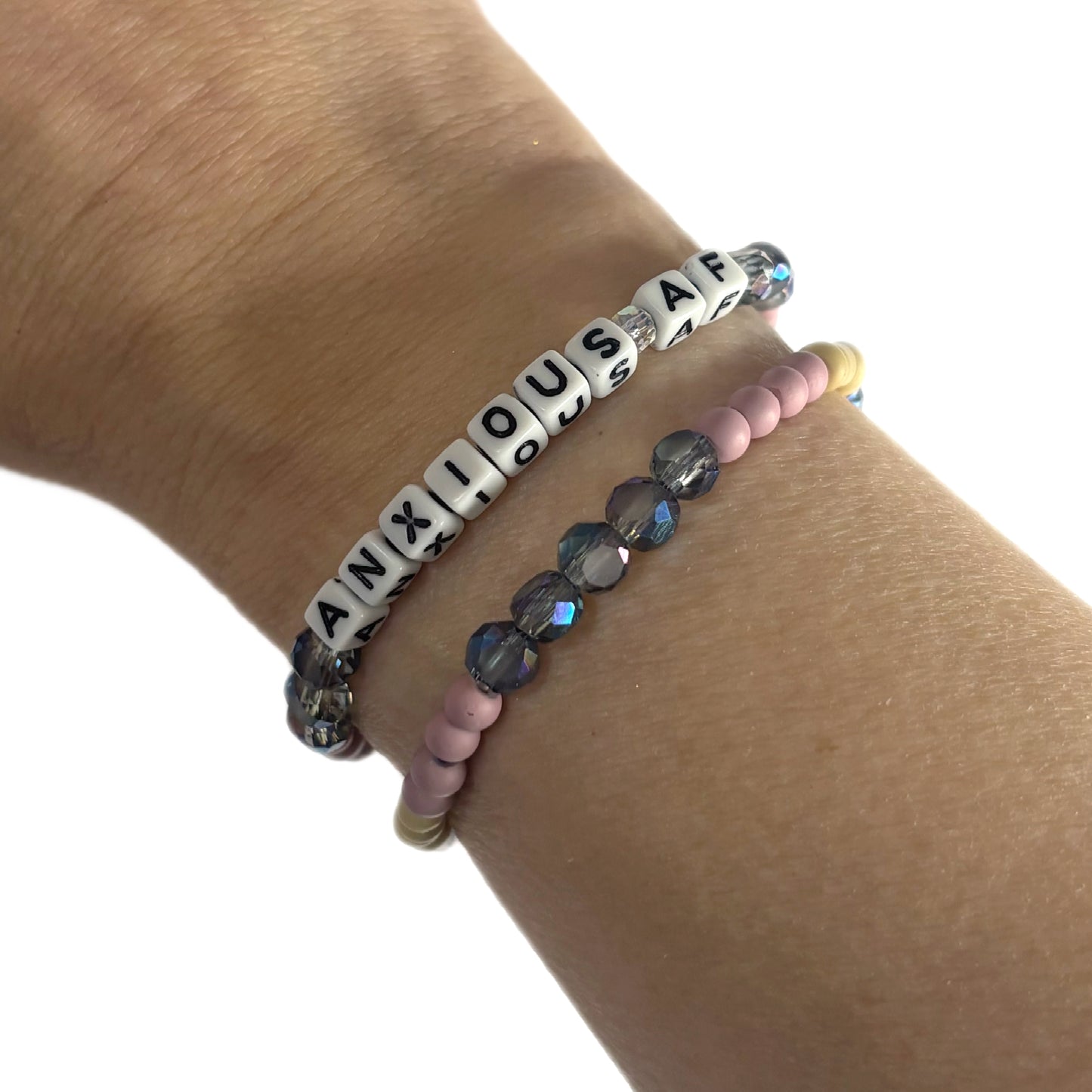 ANXIOUS AF Bracelet Stack – Pink, Tan & Blue Crystal Beads | Hope & Hustle Co.