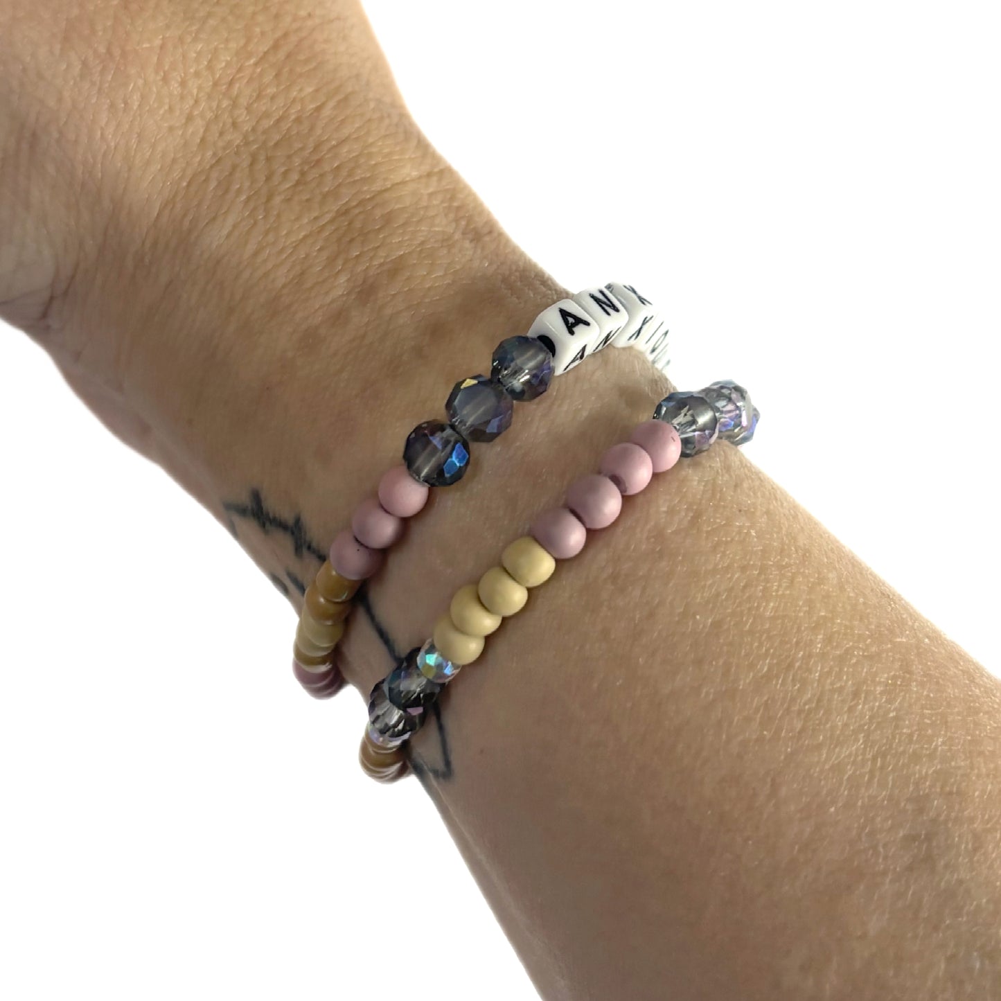 ANXIOUS AF Bracelet Stack – Pink, Tan & Blue Crystal Beads | Hope & Hustle Co.