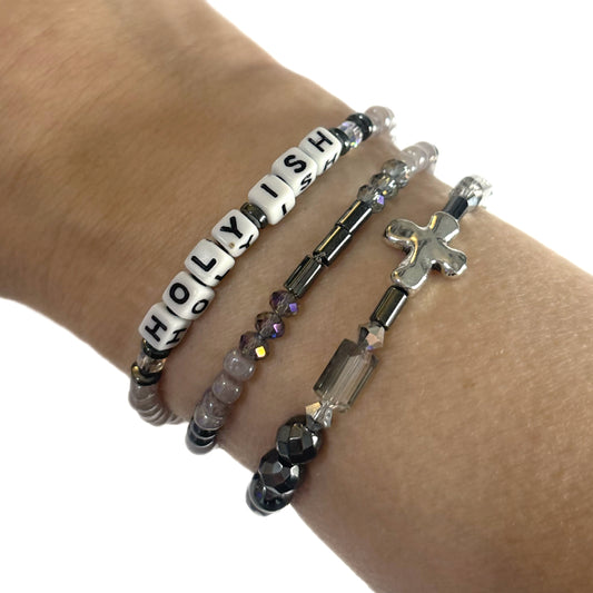 HOLY-ISH Bracelet Stack – Hematite & Gray Glass Beaded Cross Set | Hope & Hustle Co.