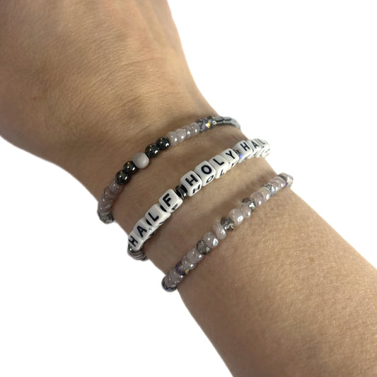 HALF HOLY HALF HOOD Bracelet Stack – Hematite & Gray Glass Beads | Hope & Hustle Co.