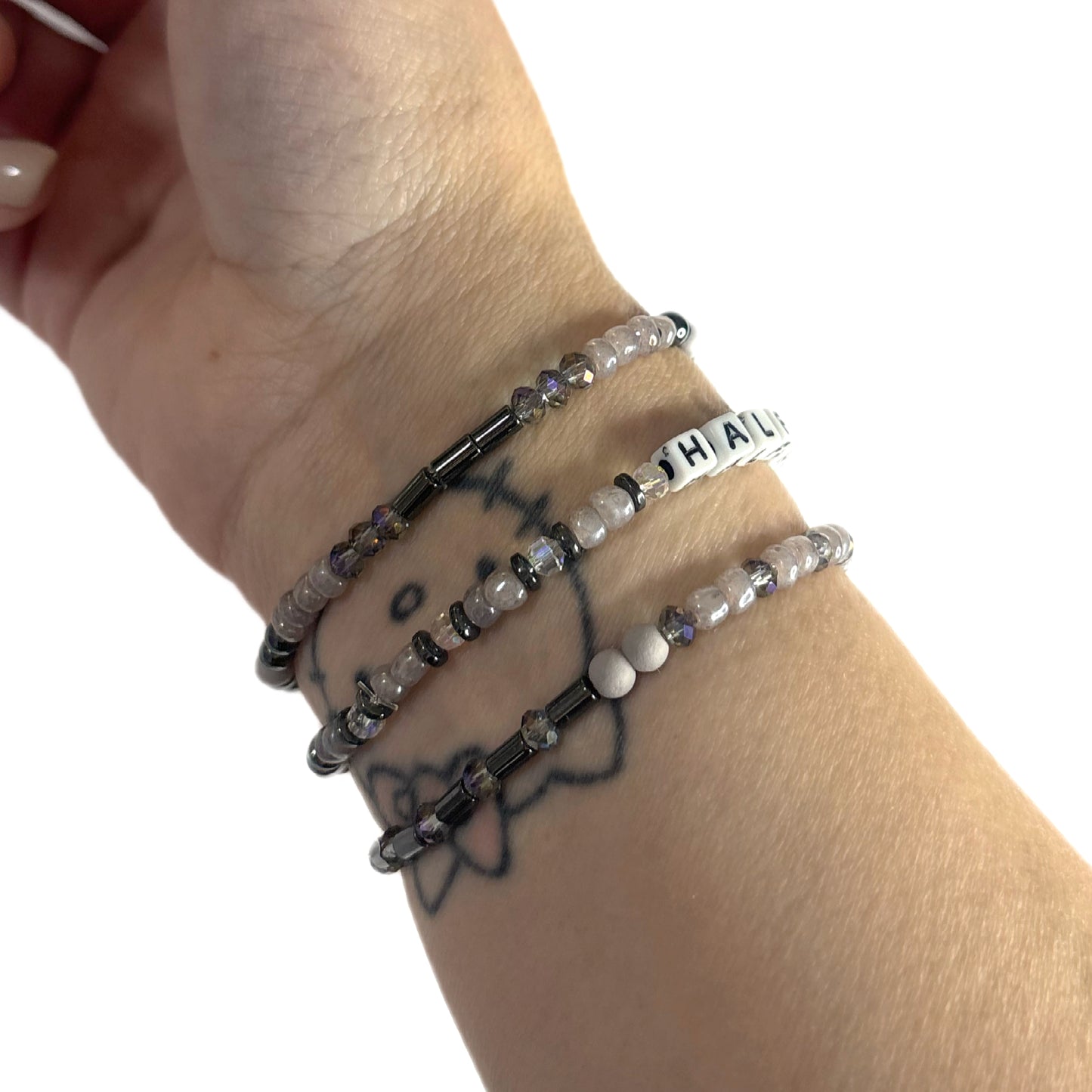 HALF HOLY HALF HOOD Bracelet Stack – Hematite & Gray Glass Beads | Hope & Hustle Co.
