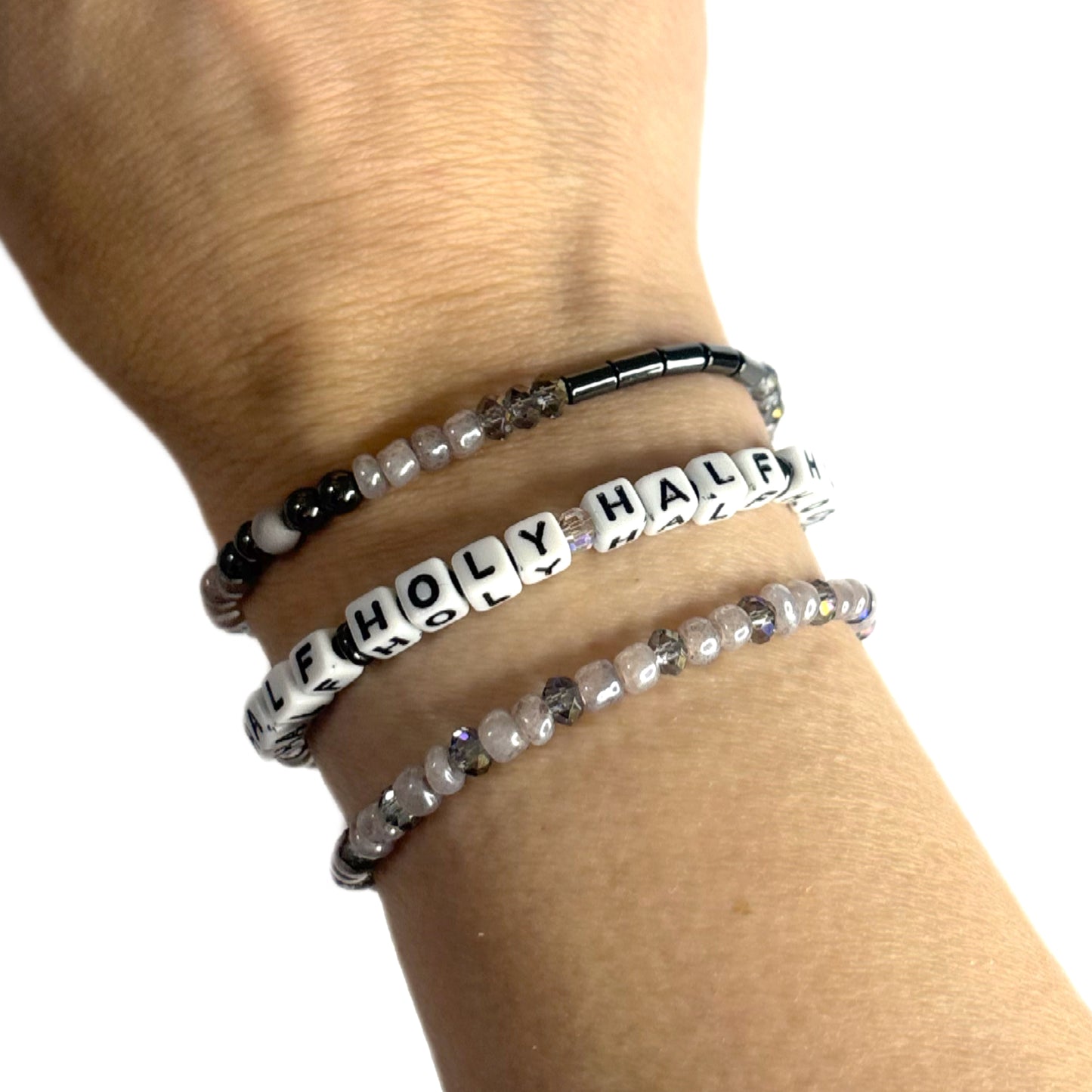 HALF HOLY HALF HOOD Bracelet Stack – Hematite & Gray Glass Beads | Hope & Hustle Co.