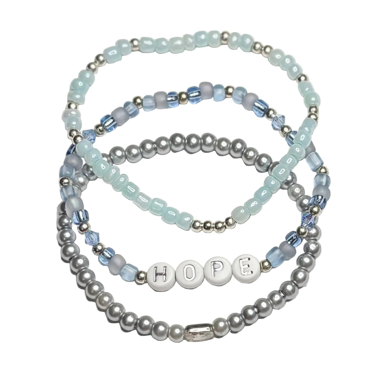 Hope bracelet stack with blue glass beads, silver-tone accents, pearl-finish beads and HOPE letter beads.