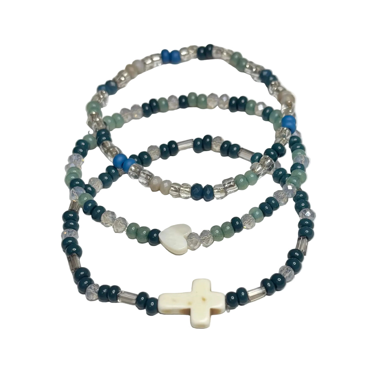 Earthy 3-piece bracelet stack with teal, green and blue glass seed beads, shell heart and shell cross.